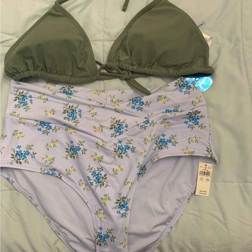 Aerie Green Triangle Bikini Top with Floral High-Waist Bottoms large brand new